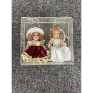 VINTAGE DG CREATIONS Porcelain Doll Ornament Set Christmas Girls Red White Dress